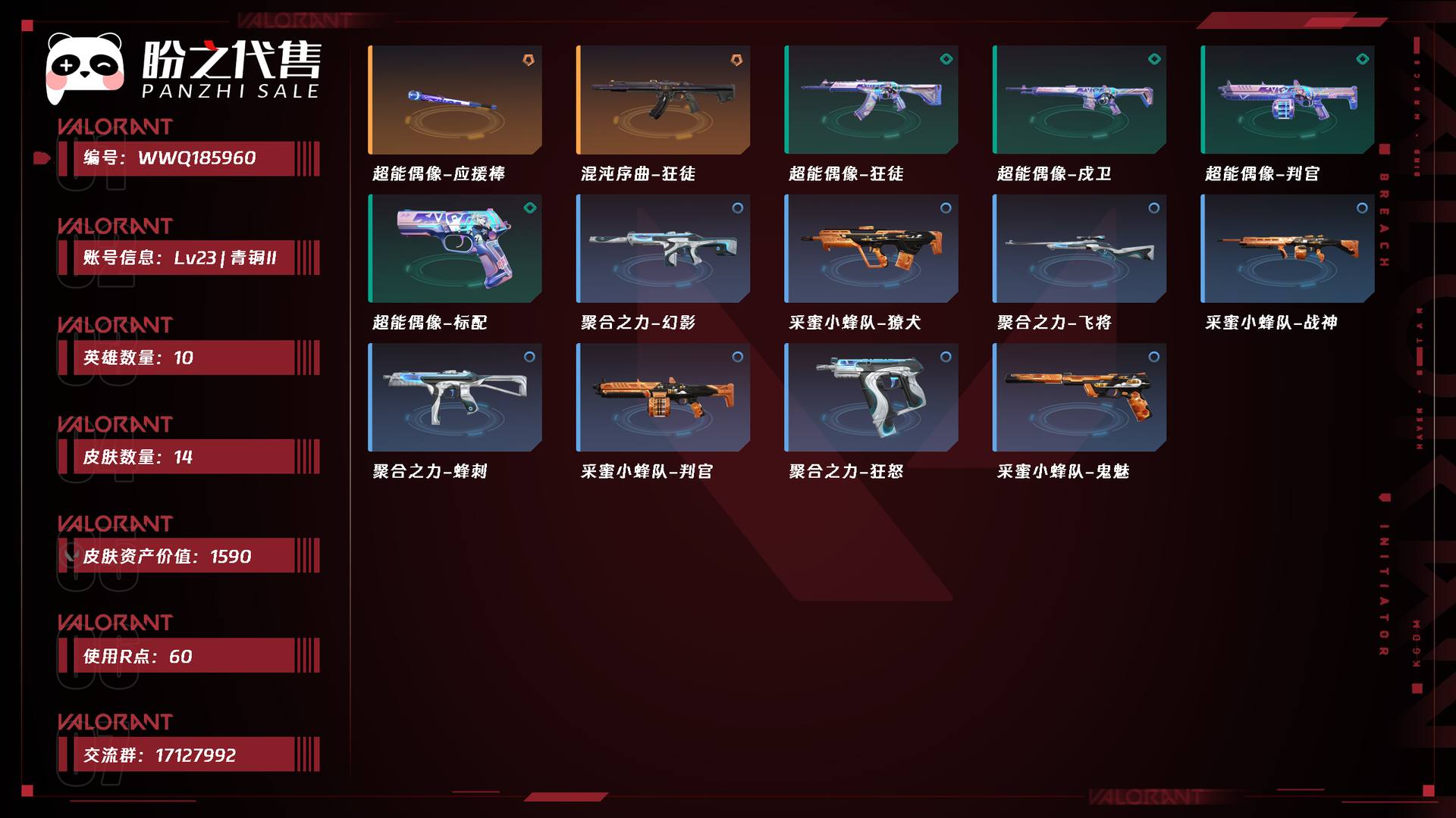 WWQ185960号 Lv23 ， 青铜II，英雄10，皮肤14，超能偶像-应援棒，卡面21，喷漆22，挂件14，具体详情看图